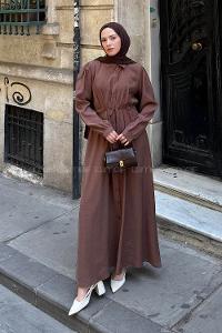 Brown Shirt Collar Cotton Lycra Dresess