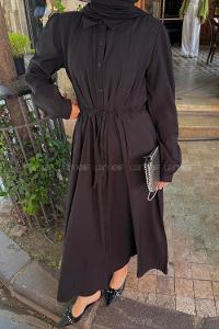 Lamelif Pile Detaylı Elbise Siyah