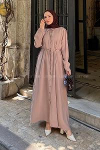 Lamelif Pile Detaylı Elbise Vizonrengi