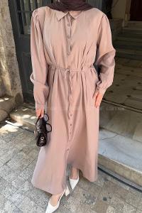 Lamelif Pile Detaylı Elbise Vizonrengi