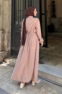 Lamelif Pile Detaylı Elbise Vizonrengi