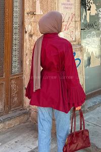 lamelif Piliseli Uzun Gömlek Bordo