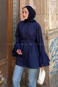 lamelif Piliseli Uzun Gömlek Lacivert