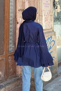 lamelif Piliseli Uzun Gömlek Lacivert