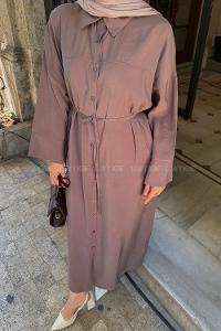 Lamelif Roba Detaylı Tesettür Elbise Kahve