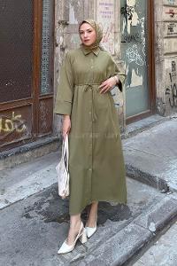 Oil Green Shirt Collar Cotton Dresess