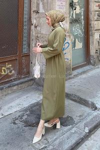 Oil Green Shirt Collar Cotton Dresess