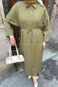 Oil Green Shirt Collar Cotton Dresess