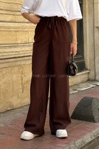 Lamelif Yüksek Bel Keten Pantolon Acı Kahve
