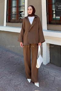 Lamelif Düğmeli Tesettür Kimono Takım Acı Kahve