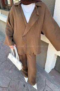 Lamelif Düğmeli Tesettür Kimono Takım Acı Kahve