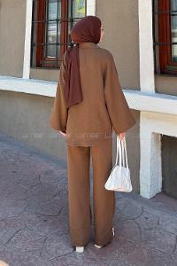 Lamelif Düğmeli Tesettür Kimono Takım Acı Kahve