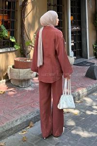 Lamelif Düğmeli Tesettür Kimono Takım Kiremit