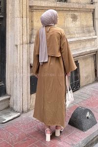 Lamelif Etekli Tesettür Takım Camel