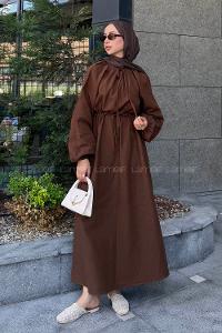 Bitter Brown Loose Crew Neck Linen Dresess