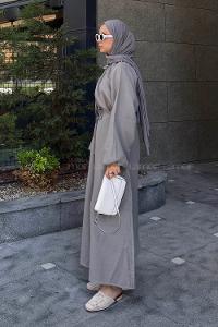 Lamelif Balon Kol Bağlamalı Tesettür Elbise Gri