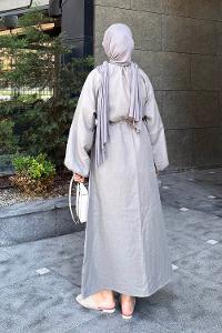 Lamelif Balon Kol Bağlamalı Tesettür Elbise Gri