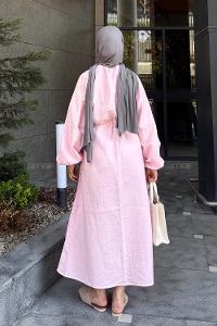 Lamelif Balon Kol Bağlamalı Tesettür Elbise Şeker Pembesi