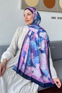 Lamelif Elegan Desen Soft Şal Lacivert Şeker Pembe