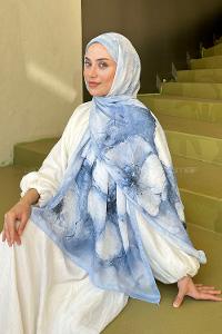 Lamelif Bohem Çiçek Desen Soft Şal Bebe Mavi