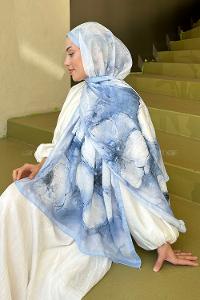 Lamelif Bohem Çiçek Desen Soft Şal Bebe Mavi