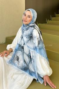 Ice Blue Cotton Fabric Striped Flowering Printed Shawl