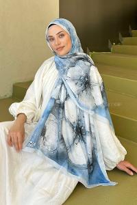 Ice Blue Cotton Fabric Striped Flowering Printed Shawl
