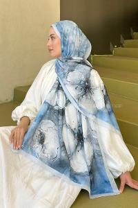 Ice Blue Cotton Fabric Striped Flowering Printed Shawl