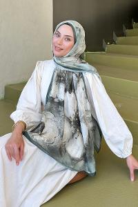 Lamelif Bohem Çiçek Desen Soft Şal Haki