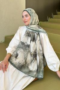 Lamelif Bohem Çiçek Desen Soft Şal Haki