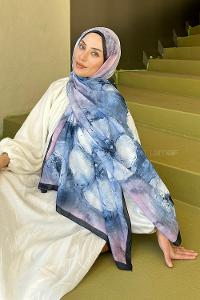 Lamelif Bohem Çiçek Desen Soft Şal Lacivert Şeker Pembe