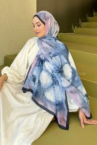 Lamelif Bohem Çiçek Desen Soft Şal Lacivert Şeker Pembe