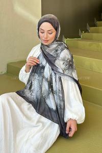 Lamelif Bohem Çiçek Desen Soft Şal Siyah Kahverengi