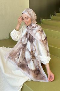 Lamelif Bohem Çiçek Desen Soft Şal Vizon