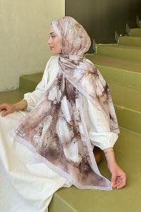 Lamelif Bohem Çiçek Desen Soft Şal Vizon