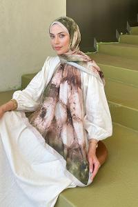 Lamelif Bohem Çiçek Desen Soft Şal Vizon Yeşil