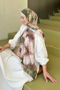 Lamelif Bohem Çiçek Desen Soft Şal Vizon Yeşil