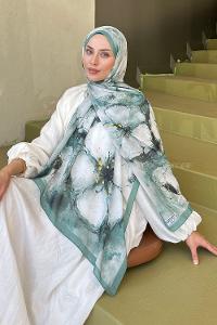 Lamelif Bohem Çiçek Desen Soft Şal Yaprak Yeşili