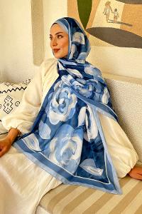 Lamelif Çiçek Desen Pamuk Şal Bebe Mavi