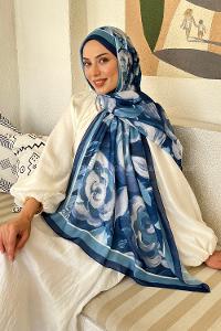 Lamelif Çiçek Desen Pamuk Şal Gece Mavisi