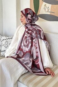 Lamelif Çiçek Desen Pamuk Şal Koyu Bordo