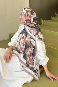 Lamelif Çiçek Desen Pamuk Şal Toprak