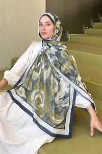 Lamelif Çiçek Desen Pamuk Şal Yağ Yeşili