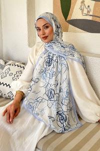 Baby Blue Cotton Striped Printed Shawl