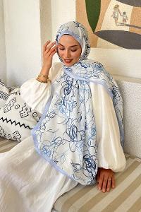 Baby Blue Cotton Striped Printed Shawl