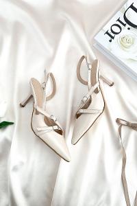 Lamelif Çift Kemer Detaylı Topuklu Ayakkabı Bej