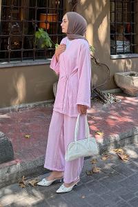 Lamelif Bağlama Detaylı Kimono Tesettür Takım Lila