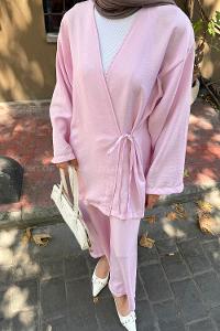 Lamelif Bağlama Detaylı Kimono Tesettür Takım Lila