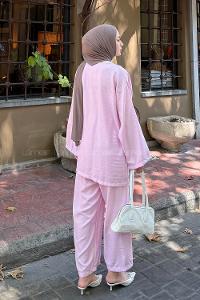 Lamelif Bağlama Detaylı Kimono Tesettür Takım Lila