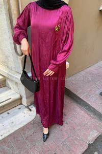 Lamelif Broş Detaylı Tesettür Elbise Bordo